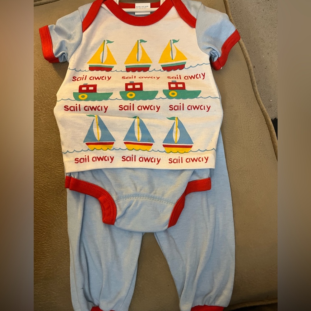 Vintage Doll Clothes Blue Sailboat Outfit New Born New Smoke Free